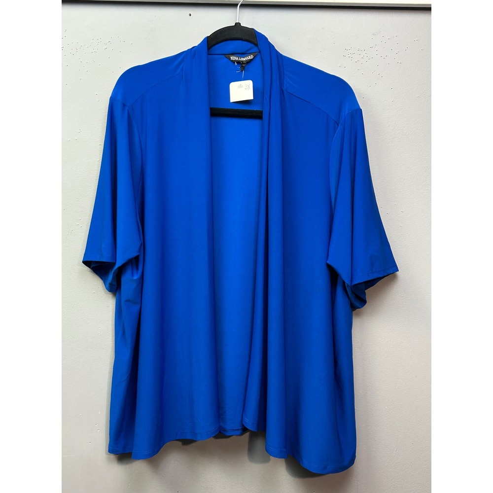 Nina Leonard Cardigan Womens 3X Blue Open Front Short Sleeve Bright Layering